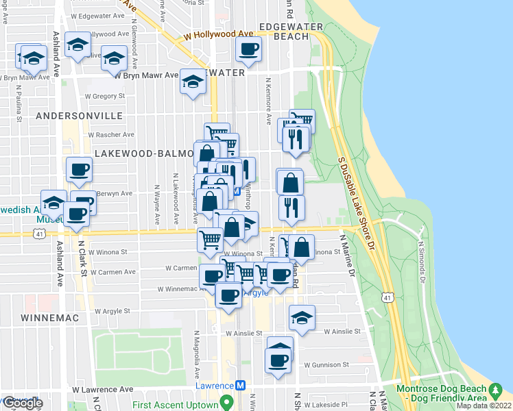 map of restaurants, bars, coffee shops, grocery stores, and more near 5236 North Kenmore Avenue in Chicago