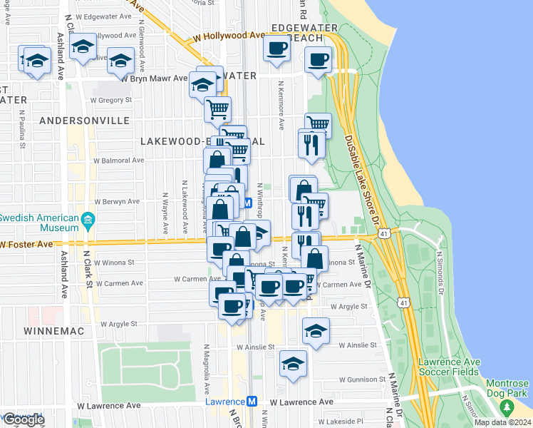 map of restaurants, bars, coffee shops, grocery stores, and more near 5236 North Kenmore Avenue in Chicago