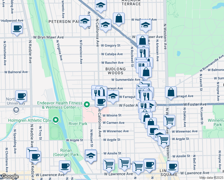 map of restaurants, bars, coffee shops, grocery stores, and more near 2723 West Berwyn Avenue in Chicago