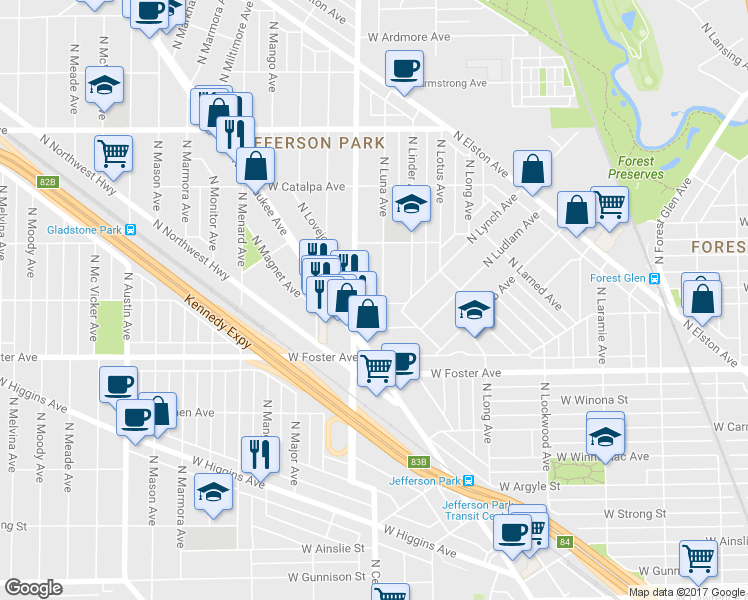 map of restaurants, bars, coffee shops, grocery stores, and more near 5301 North Central Avenue in Chicago