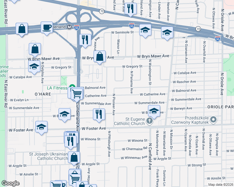 map of restaurants, bars, coffee shops, grocery stores, and more near 8146 West Catherine Avenue in Chicago