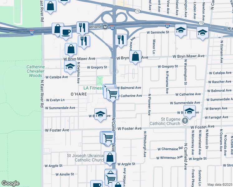 map of restaurants, bars, coffee shops, grocery stores, and more near 5400 North Cumberland Avenue in Chicago