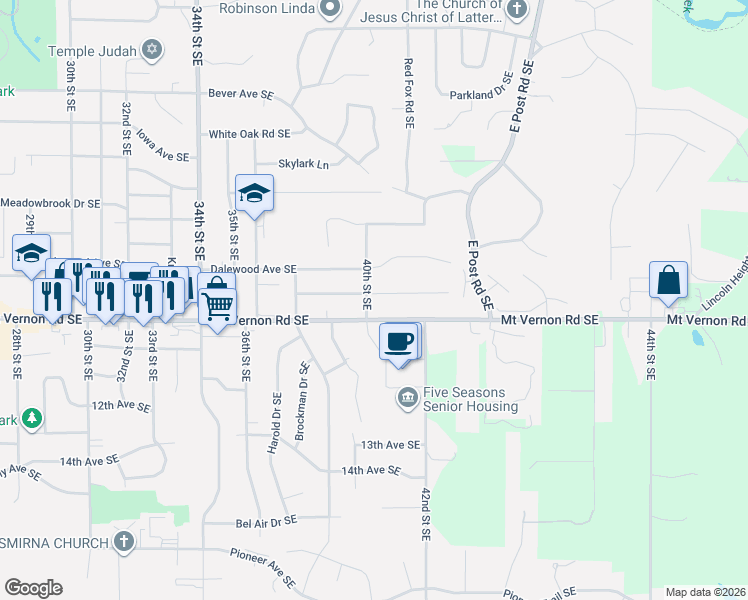 map of restaurants, bars, coffee shops, grocery stores, and more near 802 40th Street Southeast in Cedar Rapids