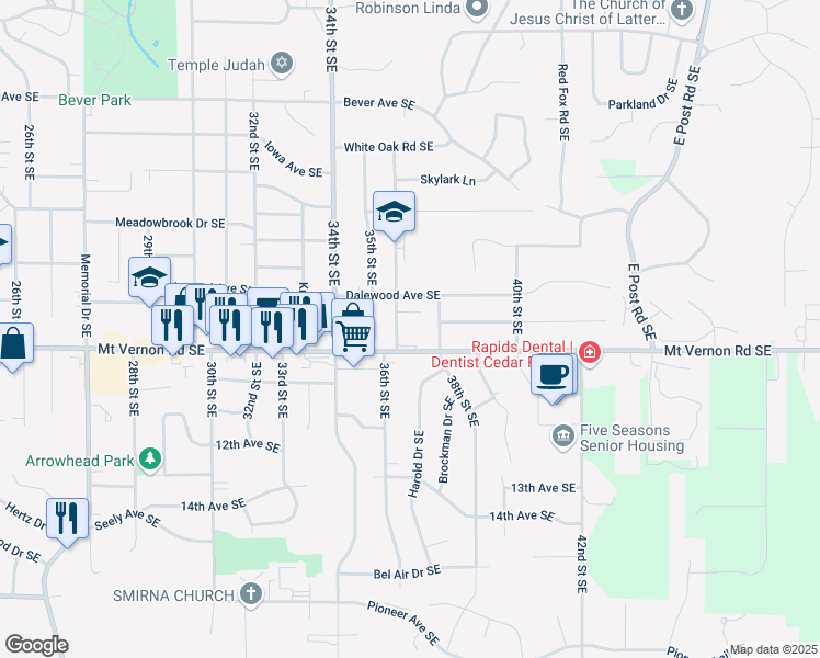 map of restaurants, bars, coffee shops, grocery stores, and more near in Cedar Rapids