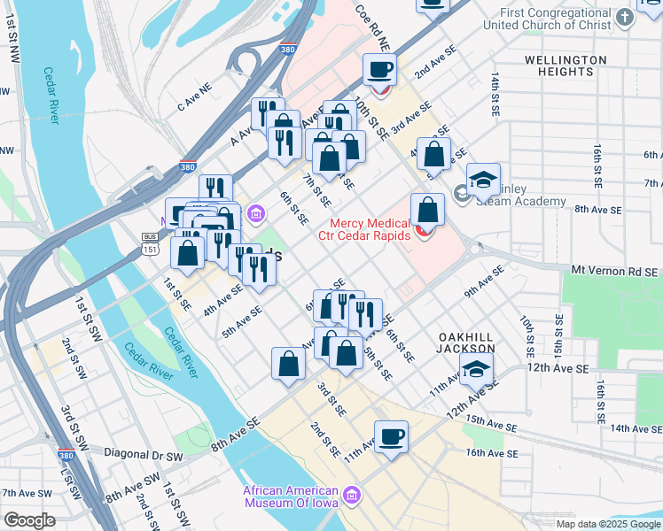 map of restaurants, bars, coffee shops, grocery stores, and more near 505 6th Street Southeast in Cedar Rapids