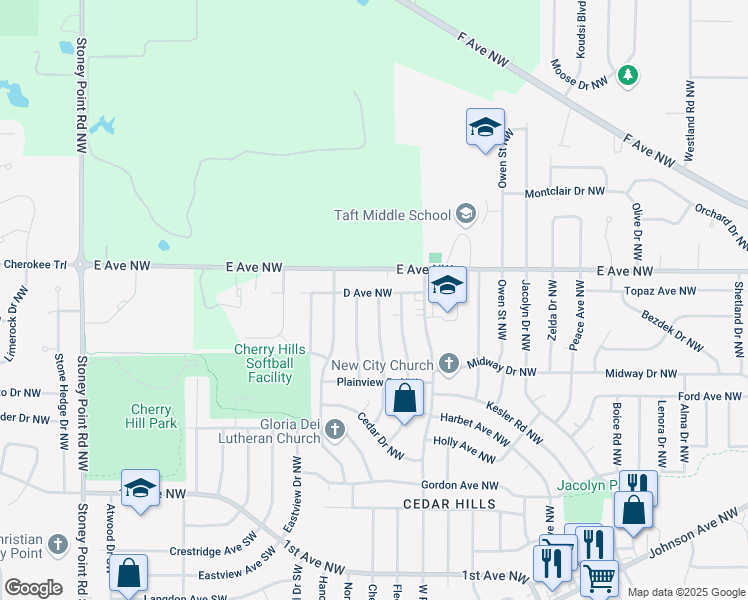 map of restaurants, bars, coffee shops, grocery stores, and more near 5537 D Avenue Northwest in Cedar Rapids