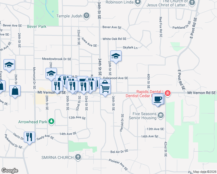 map of restaurants, bars, coffee shops, grocery stores, and more near 723 35th Street Southeast in Cedar Rapids