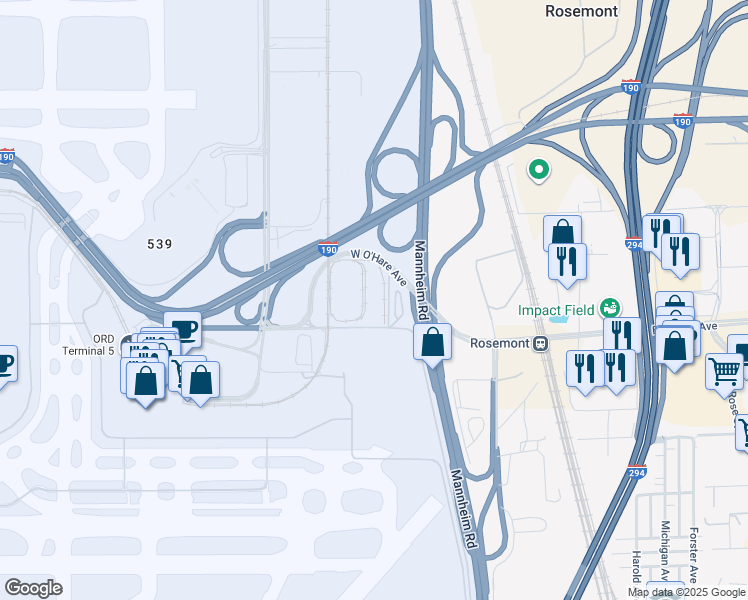 map of restaurants, bars, coffee shops, grocery stores, and more near 10000 West O'Hare Avenue in Chicago
