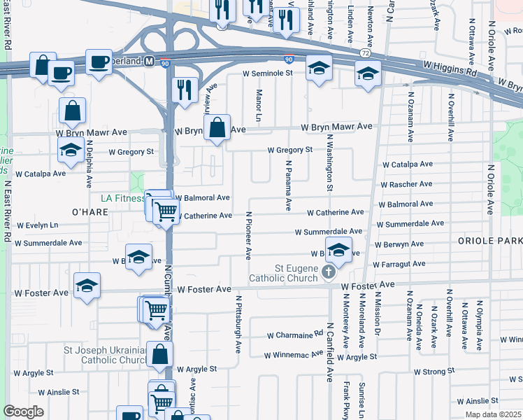 map of restaurants, bars, coffee shops, grocery stores, and more near 8146 West Catherine Avenue in Chicago