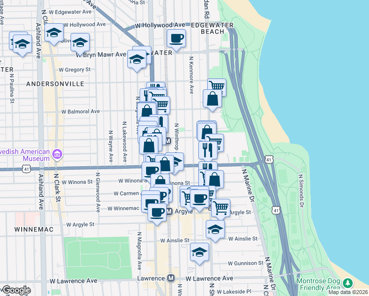 map of restaurants, bars, coffee shops, grocery stores, and more near 5239 North Winthrop Avenue in Chicago