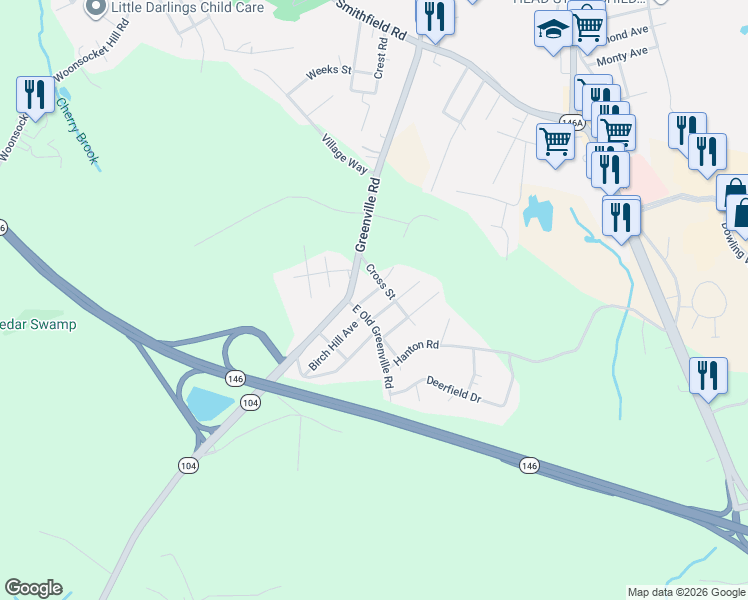 map of restaurants, bars, coffee shops, grocery stores, and more near 5 Vincent Avenue in North Smithfield