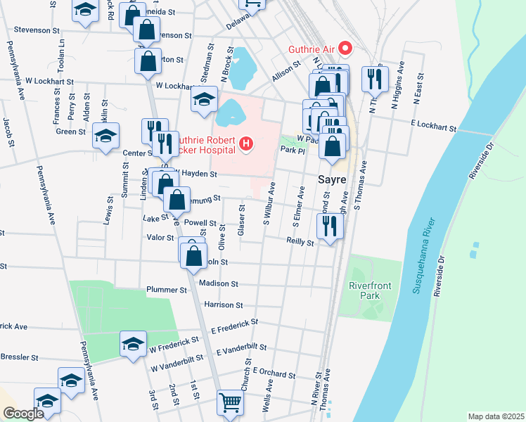 map of restaurants, bars, coffee shops, grocery stores, and more near 406 South Wilbur Avenue in Sayre