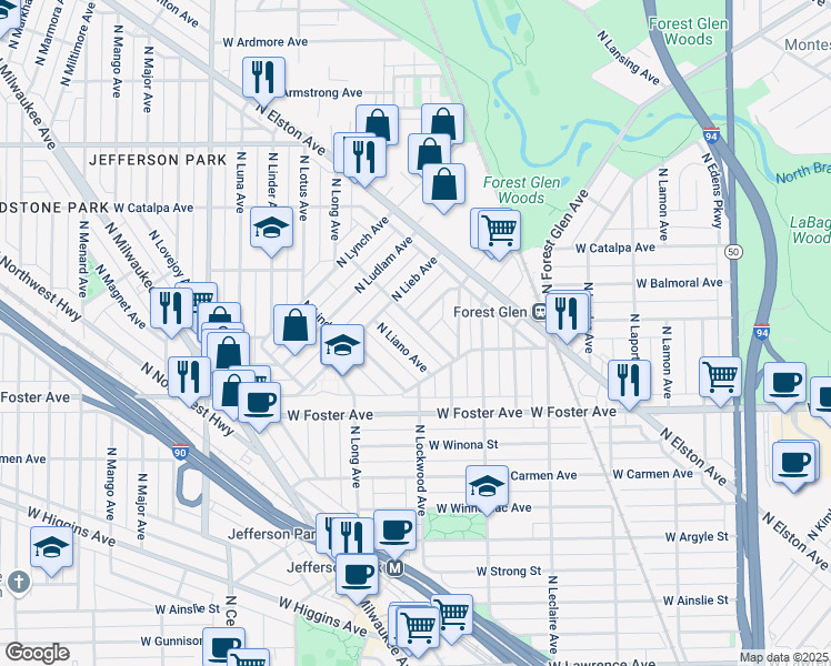 map of restaurants, bars, coffee shops, grocery stores, and more near 5244 North Larned Avenue in Chicago