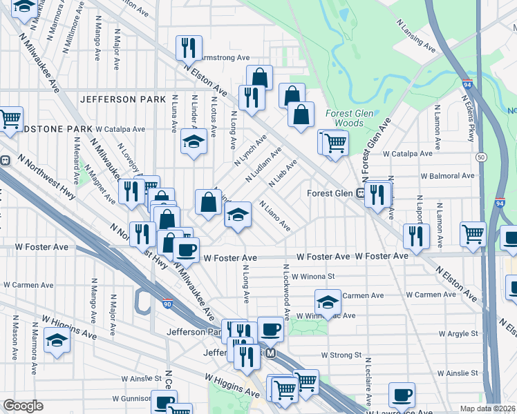 map of restaurants, bars, coffee shops, grocery stores, and more near 5270 N Liano Ave in Chicago