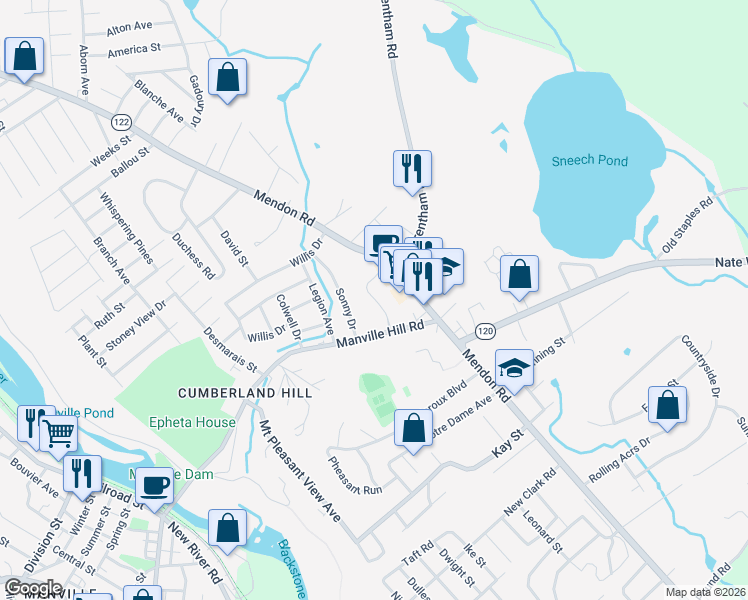 map of restaurants, bars, coffee shops, grocery stores, and more near 200 Manville Hill Road in Cumberland