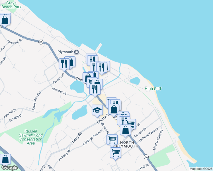 map of restaurants, bars, coffee shops, grocery stores, and more near 14 Hedge Road in Plymouth