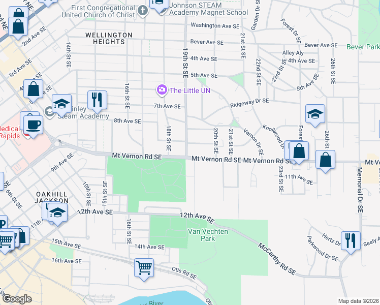 map of restaurants, bars, coffee shops, grocery stores, and more near 1904 Mount Vernon Road Southeast in Cedar Rapids
