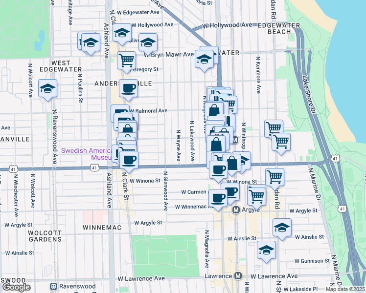 map of restaurants, bars, coffee shops, grocery stores, and more near 5243 North Wayne Avenue in Chicago