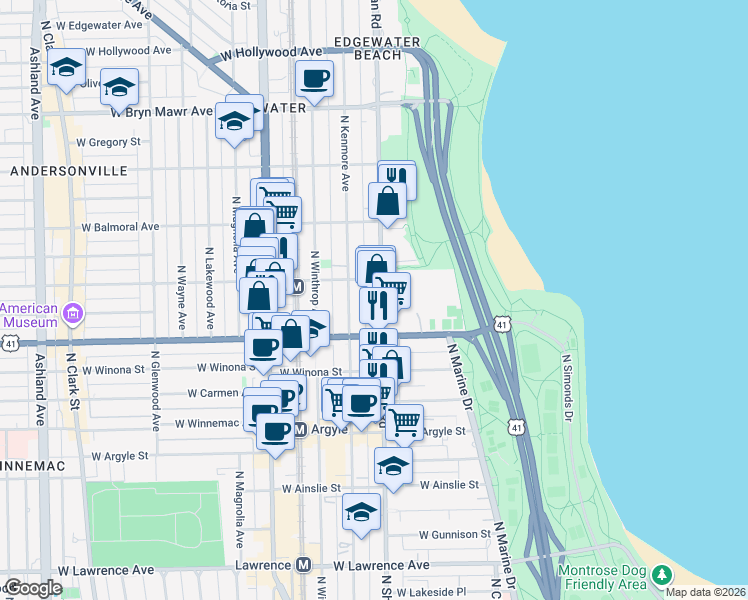 map of restaurants, bars, coffee shops, grocery stores, and more near 5240 North Sheridan Road in Chicago