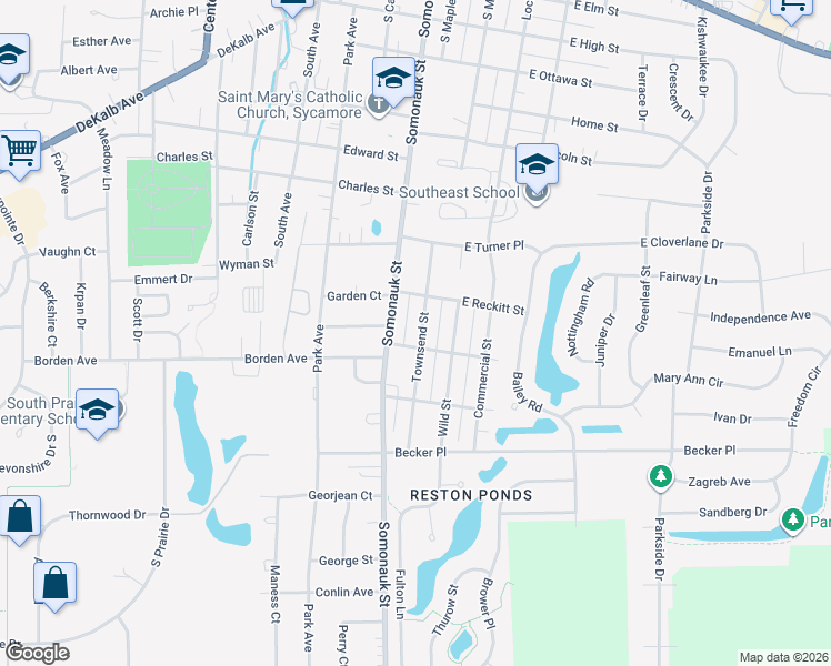 map of restaurants, bars, coffee shops, grocery stores, and more near 1039 Townsend Street in Sycamore