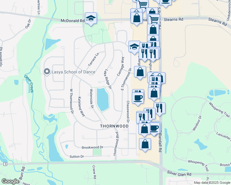 map of restaurants, bars, coffee shops, grocery stores, and more near 685 Lake Ridge Drive in South Elgin