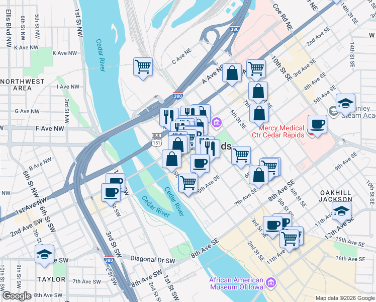 map of restaurants, bars, coffee shops, grocery stores, and more near 220 3rd Avenue Southeast in Cedar Rapids