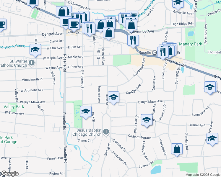 map of restaurants, bars, coffee shops, grocery stores, and more near in Roselle