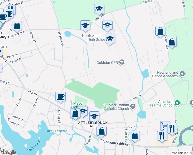 map of restaurants, bars, coffee shops, grocery stores, and more near 4 East Spring Street in North Attleborough