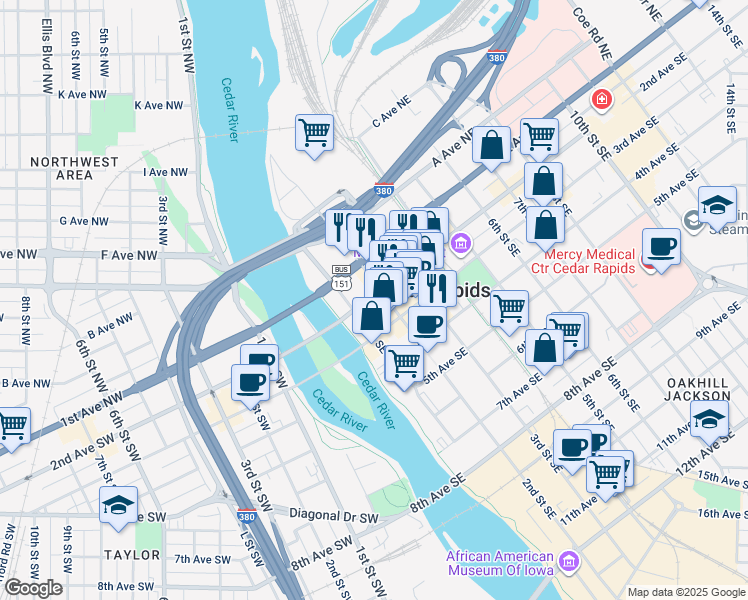 map of restaurants, bars, coffee shops, grocery stores, and more near 119 2nd Avenue Southeast in Cedar Rapids