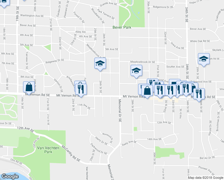 map of restaurants, bars, coffee shops, grocery stores, and more near 710 Grant Wood Dr SE in Cedar Rapids