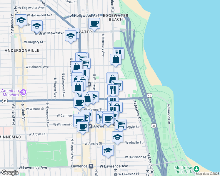 map of restaurants, bars, coffee shops, grocery stores, and more near 5201 North Sheridan Road in Chicago