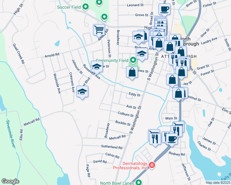 map of restaurants, bars, coffee shops, grocery stores, and more near 143 Broadway in North Attleborough