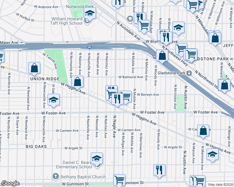 map of restaurants, bars, coffee shops, grocery stores, and more near 5301 North Nagle Avenue in Chicago