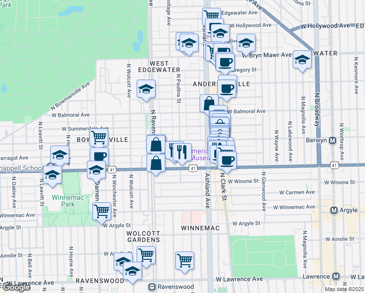map of restaurants, bars, coffee shops, grocery stores, and more near 5249 North Paulina Street in Chicago
