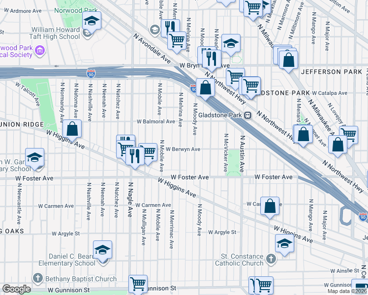 map of restaurants, bars, coffee shops, grocery stores, and more near 5301 North Melvina Avenue in Chicago