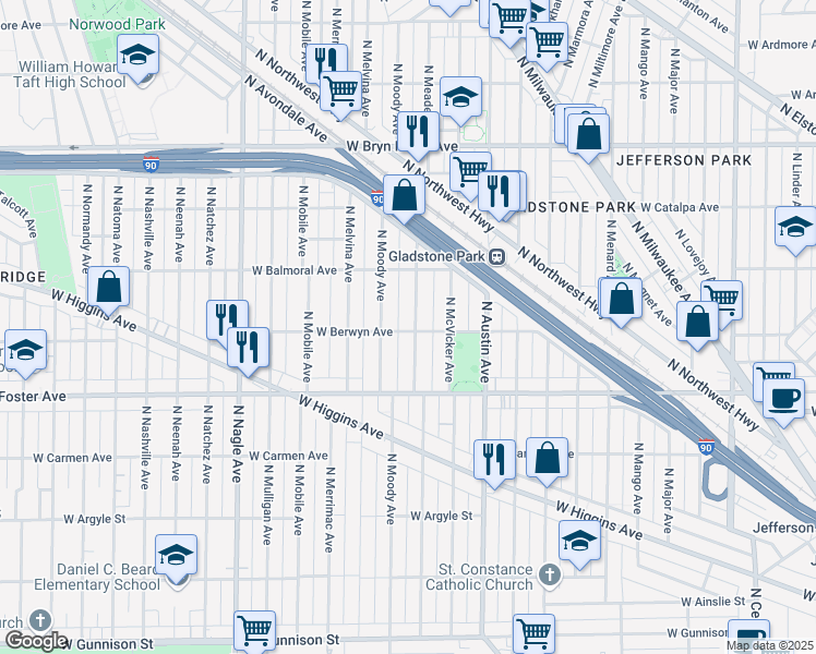 map of restaurants, bars, coffee shops, grocery stores, and more near 5300 North Meade Avenue in Chicago