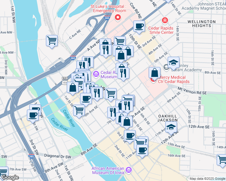 map of restaurants, bars, coffee shops, grocery stores, and more near 420 5th Street Southeast in Cedar Rapids