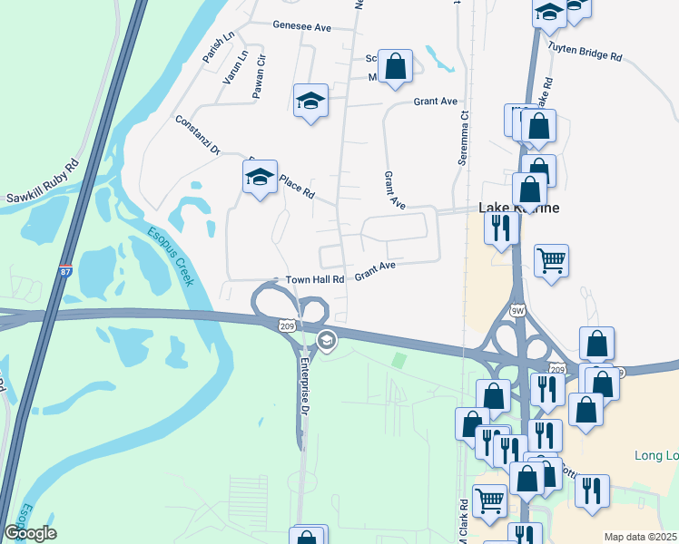map of restaurants, bars, coffee shops, grocery stores, and more near 36 Country Lane in Lake Katrine