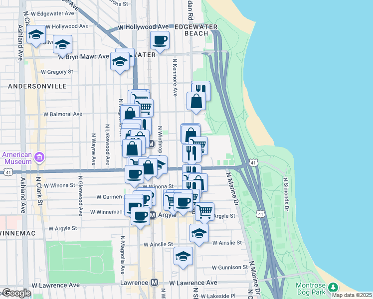 map of restaurants, bars, coffee shops, grocery stores, and more near 5201 North Sheridan Road in Chicago