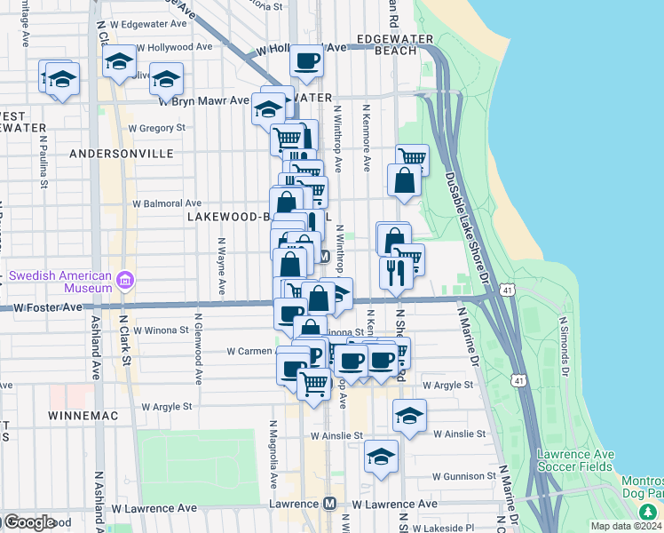 map of restaurants, bars, coffee shops, grocery stores, and more near 1119 West Berwyn Avenue in Chicago