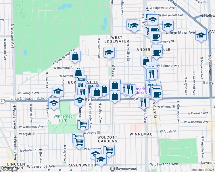 map of restaurants, bars, coffee shops, grocery stores, and more near 1007 North Ravenswood Avenue in Chicago