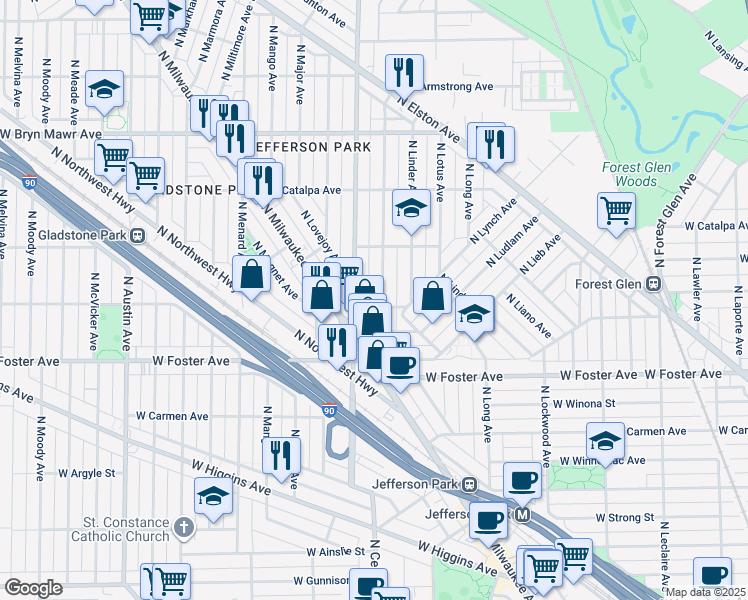 map of restaurants, bars, coffee shops, grocery stores, and more near 5301 North Central Avenue in Chicago