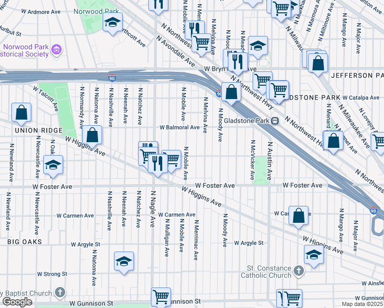 map of restaurants, bars, coffee shops, grocery stores, and more near 5301 North Mobile Avenue in Chicago