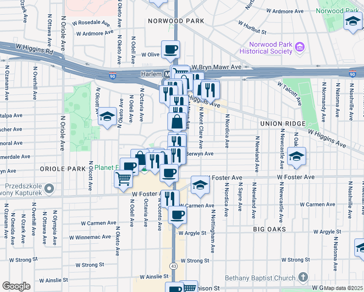 map of restaurants, bars, coffee shops, grocery stores, and more near 5305 North Harlem Avenue in Chicago