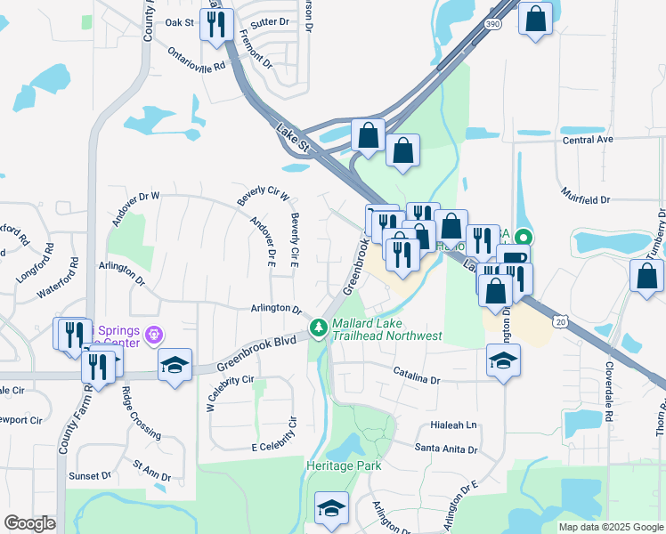 map of restaurants, bars, coffee shops, grocery stores, and more near 5775 Madrid Court in Hanover Park