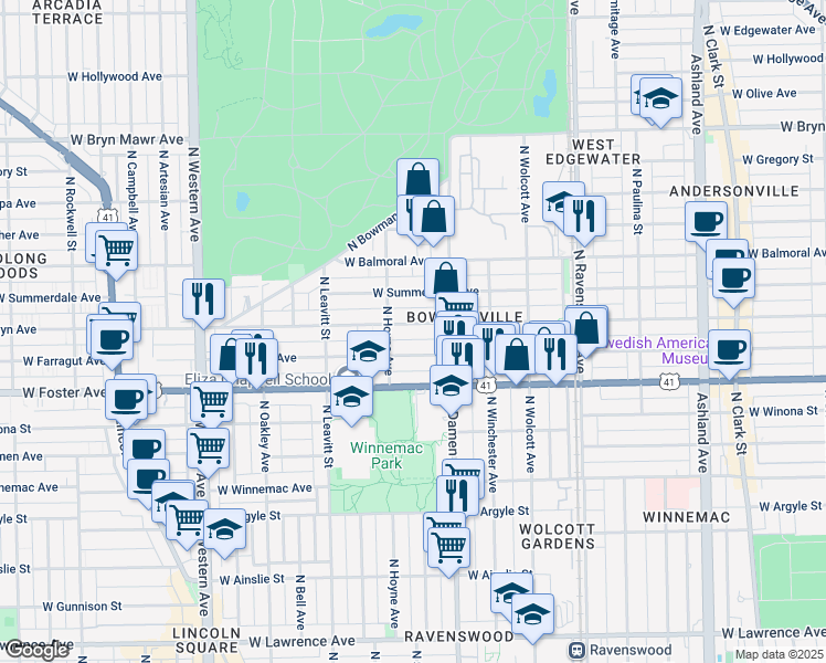 map of restaurants, bars, coffee shops, grocery stores, and more near 2037 West Berwyn Avenue in Chicago