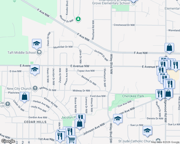 map of restaurants, bars, coffee shops, grocery stores, and more near 4407 Topaz Avenue Northwest in Cedar Rapids