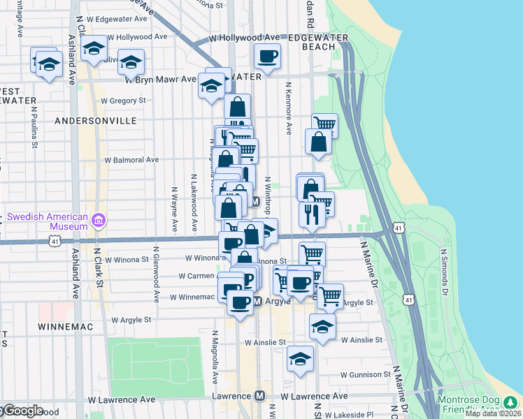 map of restaurants, bars, coffee shops, grocery stores, and more near 5240 North Winthrop Avenue in Chicago