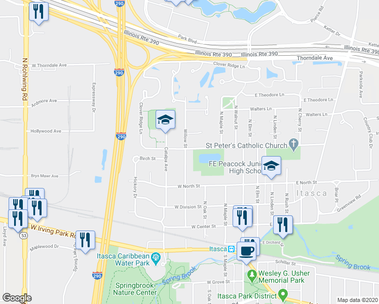 map of restaurants, bars, coffee shops, grocery stores, and more near 631 Willow Street in Itasca