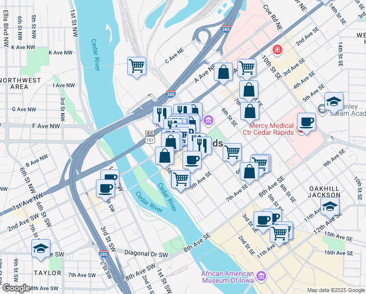 map of restaurants, bars, coffee shops, grocery stores, and more near 220 3rd Avenue Southeast in Cedar Rapids